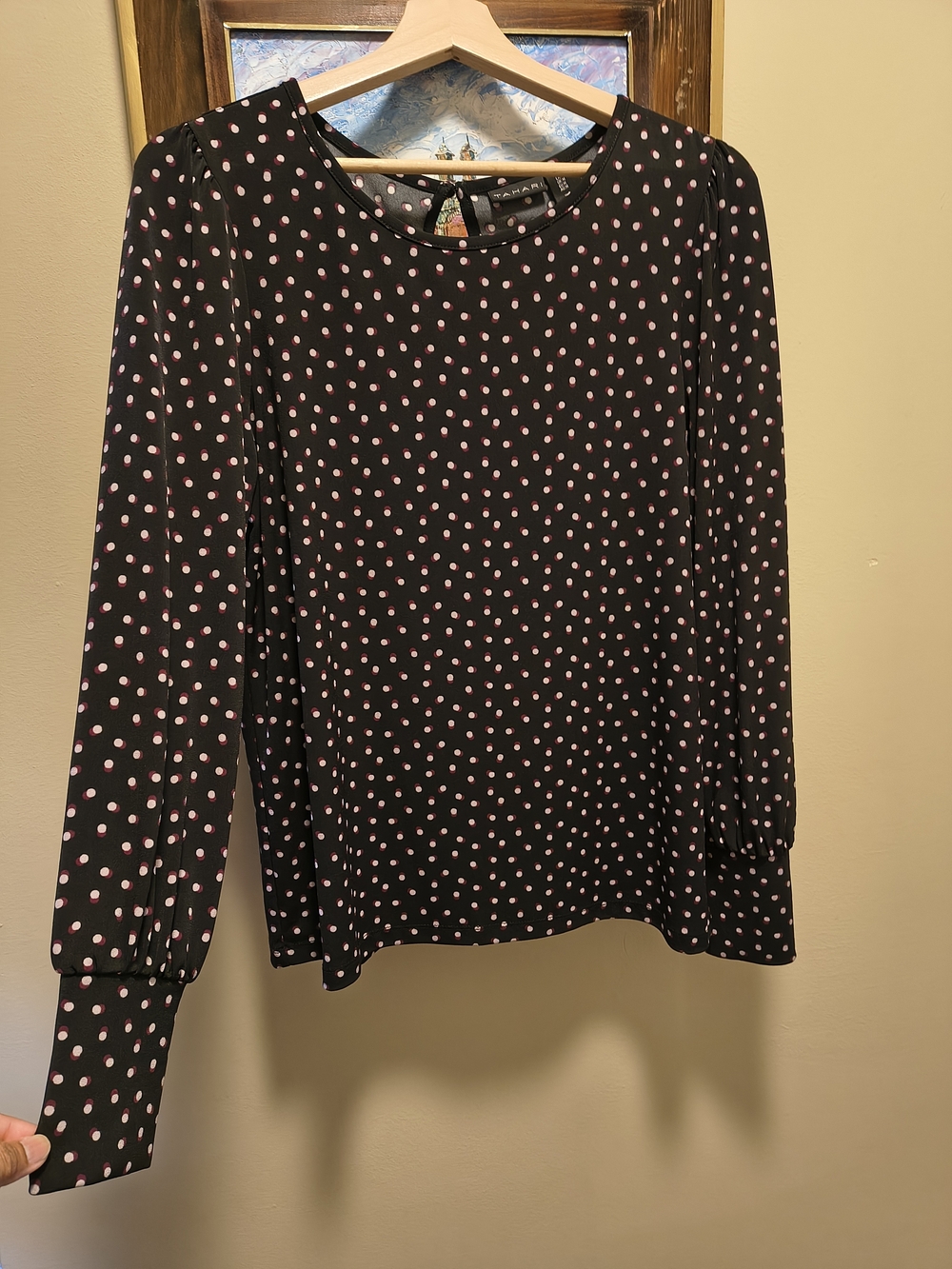 Tahari Black Blouse with Pink Polka Dots